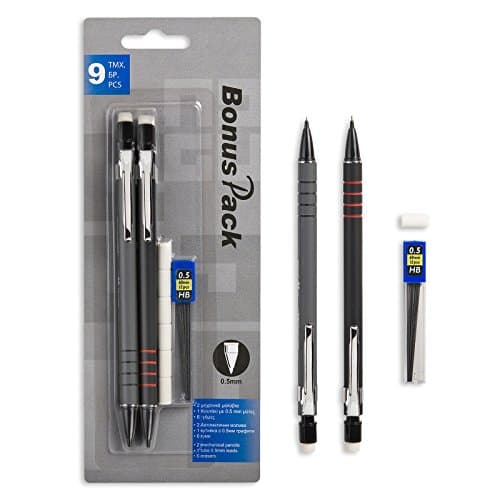 2 Automatic Mechanical Pencils 0.5 mm, with 6 erasers and 1 refill lead