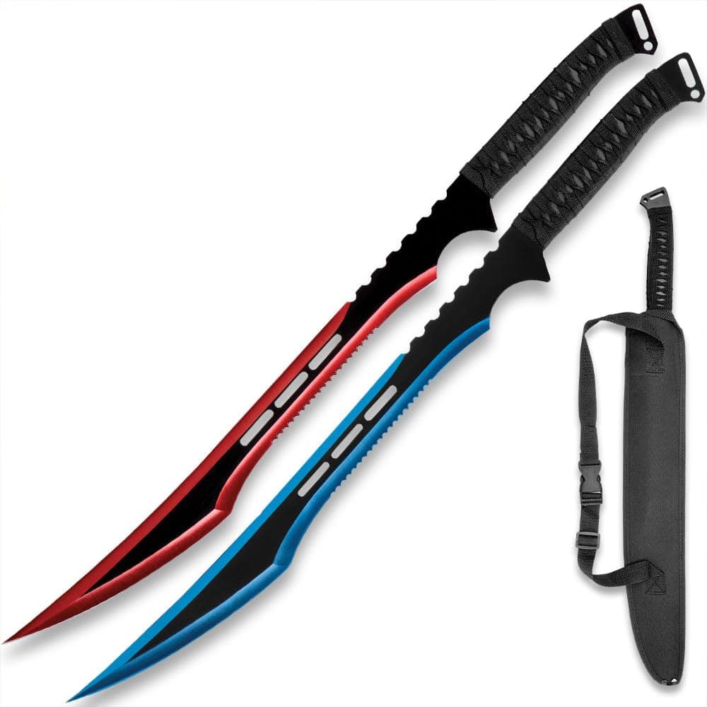 Fire and Ice Twin Sword Set with Black Nylon Double Sheath | Two Fantasy Swords | Fire with Red Accents | Ice with Blue Accents | 19 1/2” Stainless Steel Blades | Comfortable Rope-Wrapped Handles