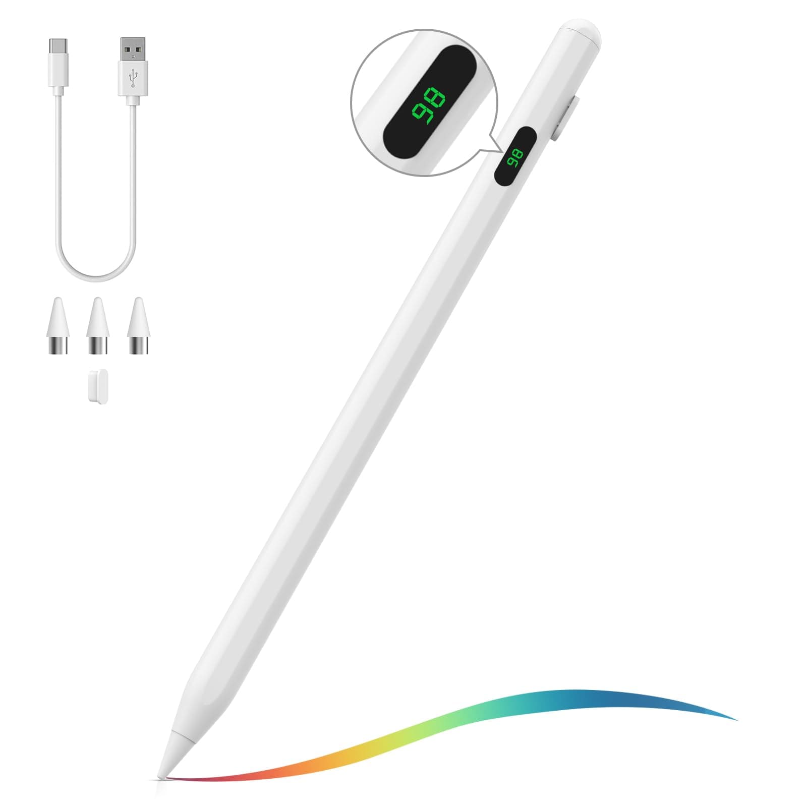 Stylus Pen for Touch Screen, Active Universal Stylus Pen Compatible with iPad/iPhone/Samsung(Non-S Pen) and Other iOS/Android Smartphone and Tablet Devices Tablet Pencil with Power Display, White