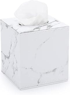 Sumnacon Square Leather Tissue Box Cover - Stylish Cube Tissue Box Holder with Magnetic Bottom, Decorative PU Tissue Box for Vanity Dresser Night Stand Table Countertop Home Office Car, Marble White