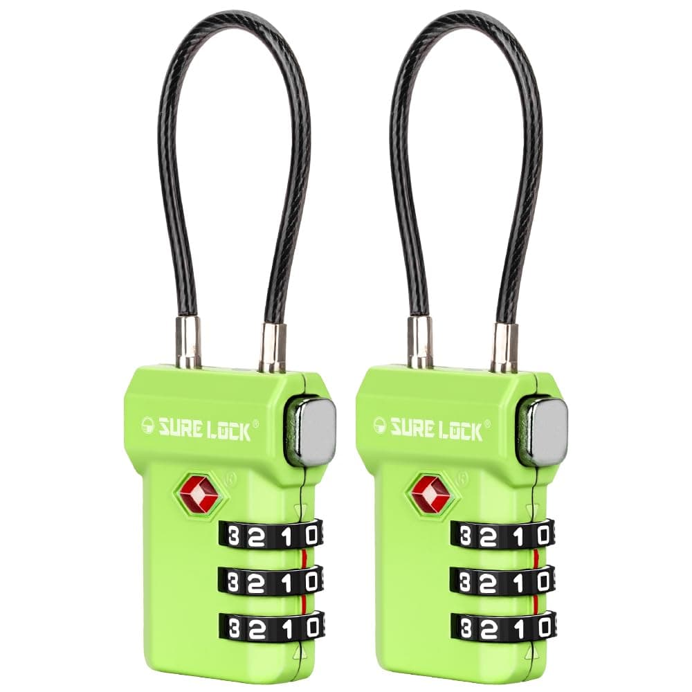 SURE LOCK TSA Approved Luggage Locks – 3-Digit Combination Cable Lock with Red Indicator, Large Dial & Easy-Press Button for Suitcases and Backpacks – Multi-Pack & Color Options