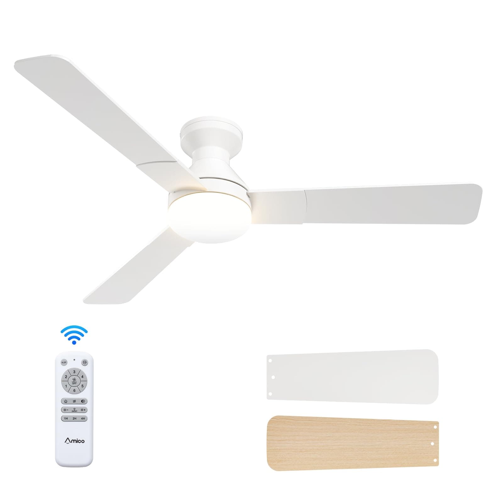 Amico Ceiling Fans with Lights, 52 inch Low Profile Ceiling fan with Light and Remote Control, Flush Mount, Reversible, 3CCT, Dimmable, Noiseless, White Ceiling Fan for Bedroom, Indoor/Outdoor Use