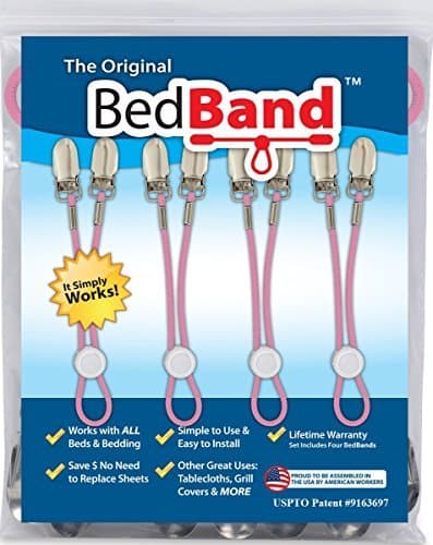 Bed Band- Pink. Original Bed Sheet Holder Straps (1 Pack) - USA Company- Sheet Grippers Suspenders with Smart Cordlock Button - Adjustable Fitted Sheet Holders with Bedsheet Clips - Corner Fasteners.