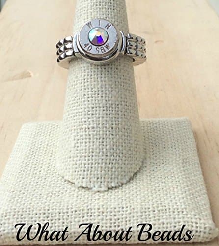 40 Caliber Bullet Silver Stretch Ring with Swarovski Crystal