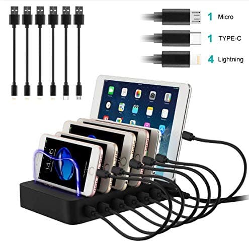 PRITEK Smart USB Charging Station Dock & Organizer with 6 Pack USB Charging Cable, 6 Ports Multiple USB Charger Station & Phone Docking Station for Cellphone Tablet Earphone MP3 MP4 (Black)