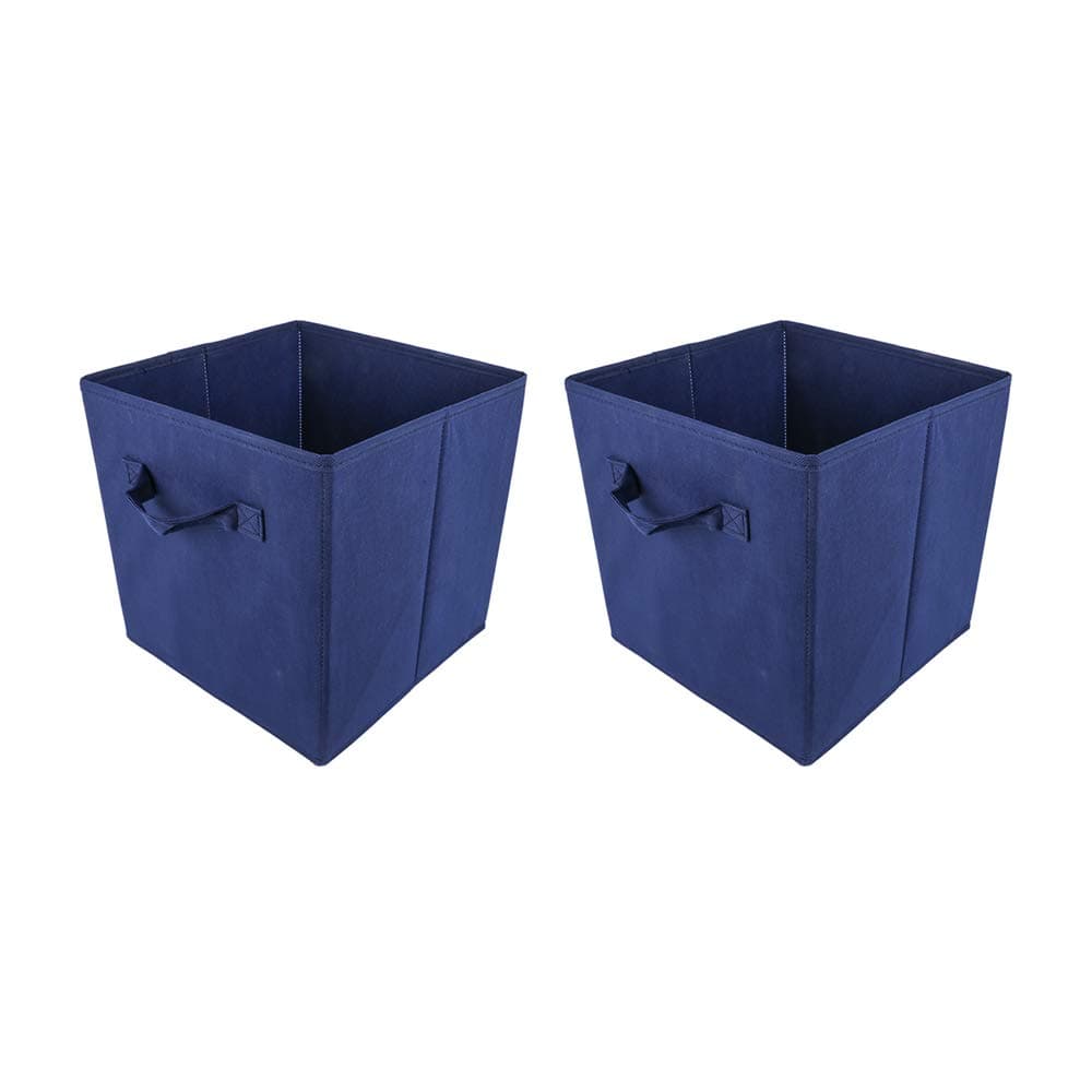Pack of 2/4/6 Fabric Unit Storage Cubes Boxes Foldable with Handle, Non-Woven Fabric Collapsible Storage Organizer Basket Bins for Wardrobe Clothes Toys (Navy Blue, Pack of 2)