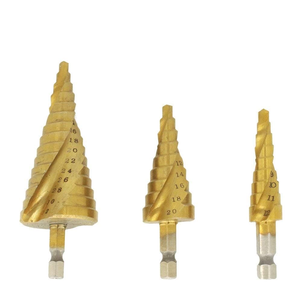 ValueHall 3 PCS Step Drill Bit Set Titanium Coated4-12mm, 4-20mm and 4-32 mm HSS Step Cone Drill For Wood, Stainless Steel, Sheet Metal Precision Drilling and Hole Cutter V7041-5