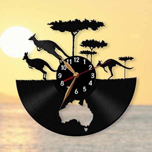 Australia, Kangaroo Clock, Australian continent map, Vinyl Record Wall Clock 12 inch (30cm) / Modern, Animals, Black Wall Art Décor / (Black clockface, Arabic digits)