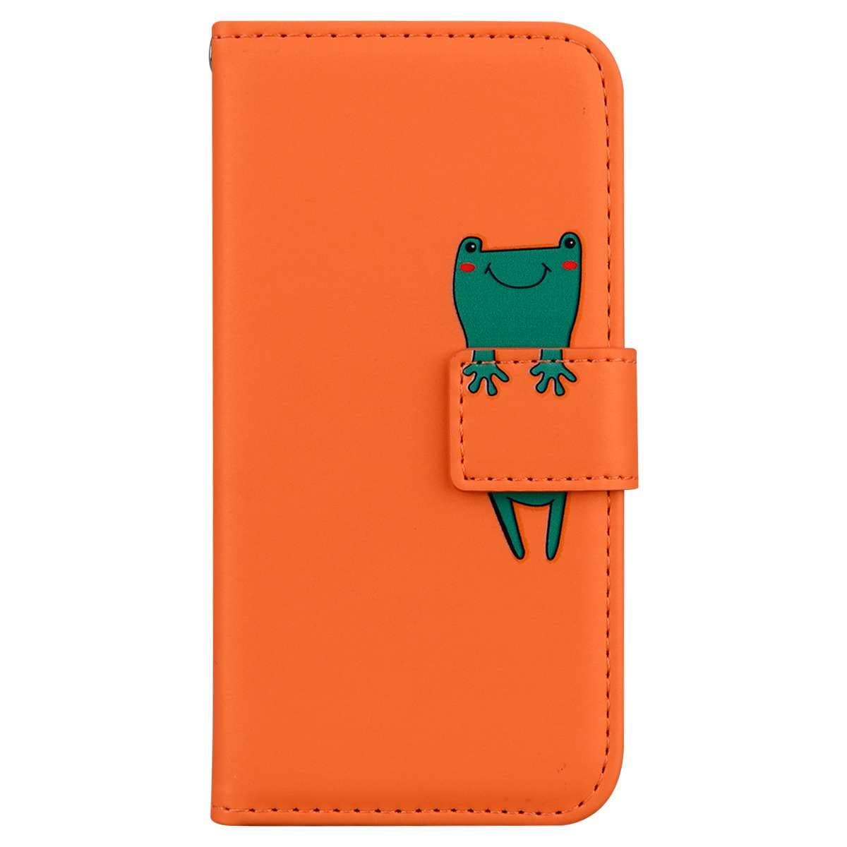 iPhone SE 2022/2020 Case: Protective PU Leather Flip Wallet with Kickstand, Magnetic Clasp, Card Holder, Animal Pattern - Orange & Frog
