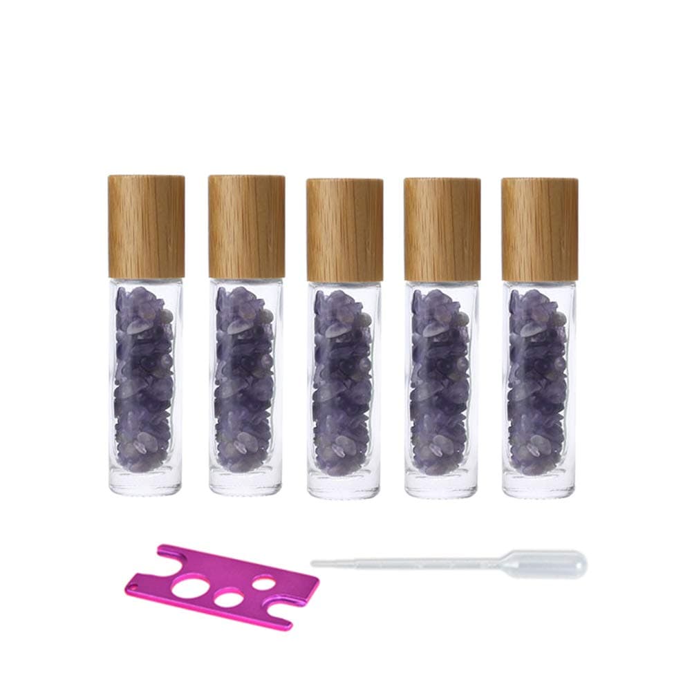 5 Pack 10ml Clear Roll On Bottles With Natural Chakra Crystal Chips for Essential Oils,Perfume Glass Roller Bottles Container Bamboo Lid,Crystal Roller,Pipette&Opener Included (Amethyst)
