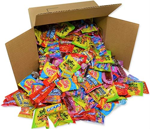 Bulk Candy Assorted Party Mix (110 oz) - Over 240 Individually Wrapped Skittles Swedish Fish Haribo Nerds Sour Patch Fruit Gummies Starbust Life Savers Tootsie - Huge Box for Halloween and Christmas