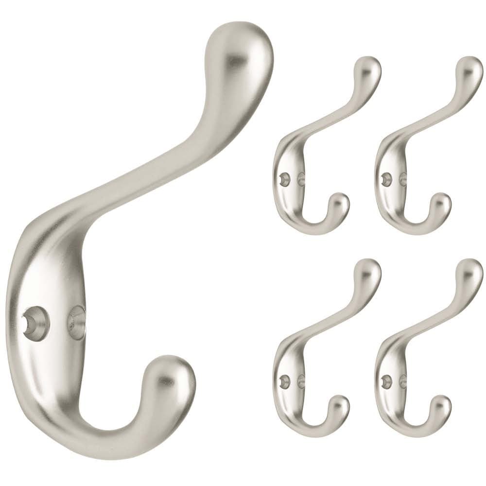 Franklin Brass Heavy Duty (5-Pack) Coat and Hat Wall Hooks Double Hooks for Hanging Matte Nickel Wall Mount Hanger Backpack, Purse, Bag, Towel Organization Decorative Wall Hooks FBCHH5-MN-C
