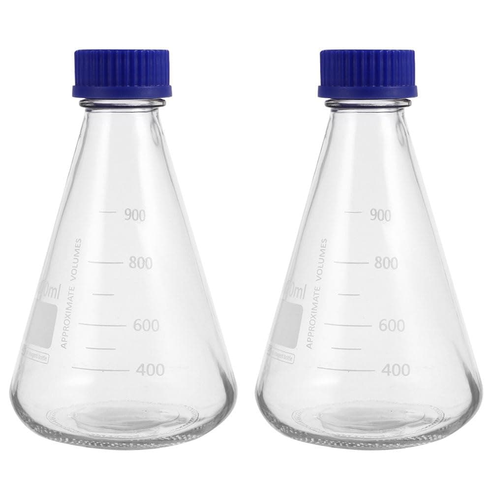 Hemobllo Laboratory Conical Flasks 2-Pack 33.07Oz Glass Erlenmeyer Bottles with Graduated Scale for Chemistry Experiments Scientific Research and Educational Use