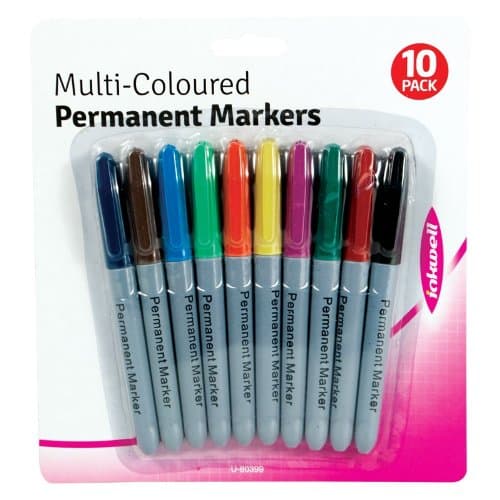 10 X Colour Permanent Markers | Broad Tip | Black Red Blue Green Pink Orange