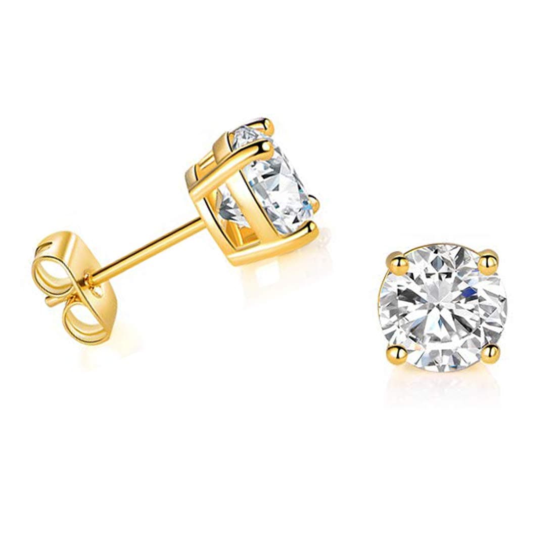 Solid 14k Yellow Gold Solitaire Round Cubic Zirconia CZ Stud Earrings with 14k Gold Butterfly Push Backings