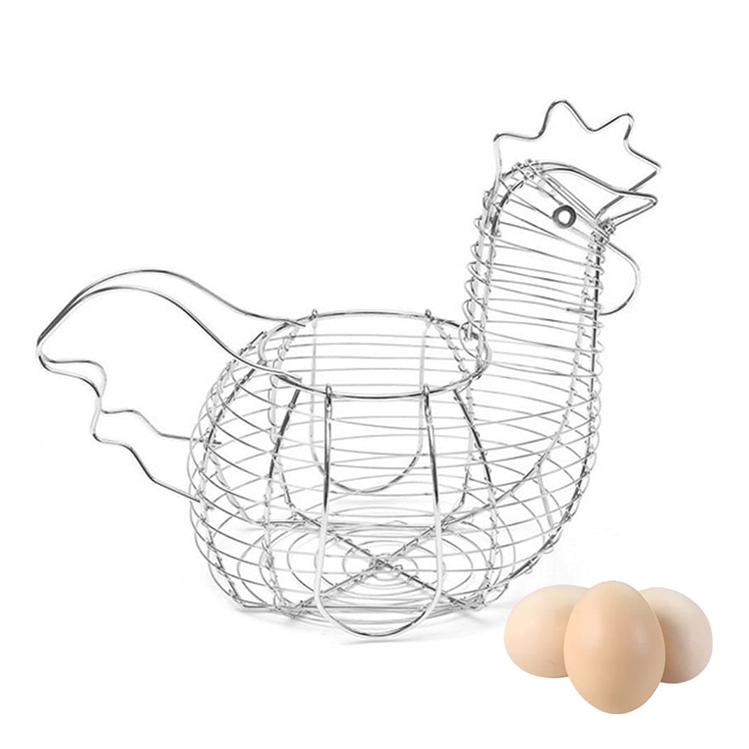 Chicken Egg Basket Holder Metal Wire Hen Shaped Kitchen Storage Rack, Egg Basket with Handle, Holds 15-20 Eggs, for Kitchen Living Room Home Décor Decoration Storage