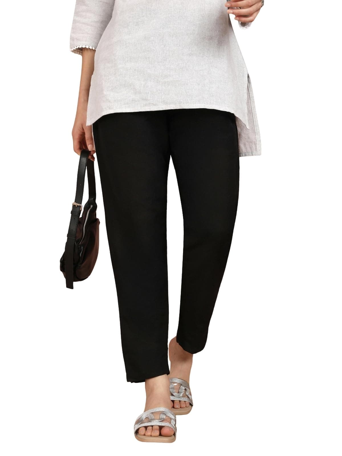 TWIN BIRDS Mid-Rise Solid Metallic Straight Pants with Functional Pockets for Women