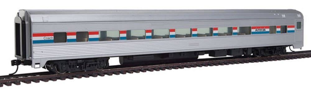 85' Budd Large-Window Coach - Ready to Run -- Amtrak (Phase III; silver, Equal red, white, blue Stripes)