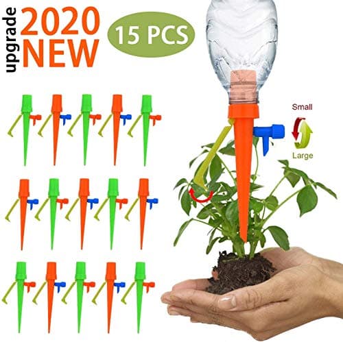 【Upgraded Version 】 15 Pcs Plant Watering Devices, Automatic Plant Waterer Self Watering Drip Irrigation Spikes Device with Slow Release Control Switch and Bracket Support for Outdoor Indoor (1)