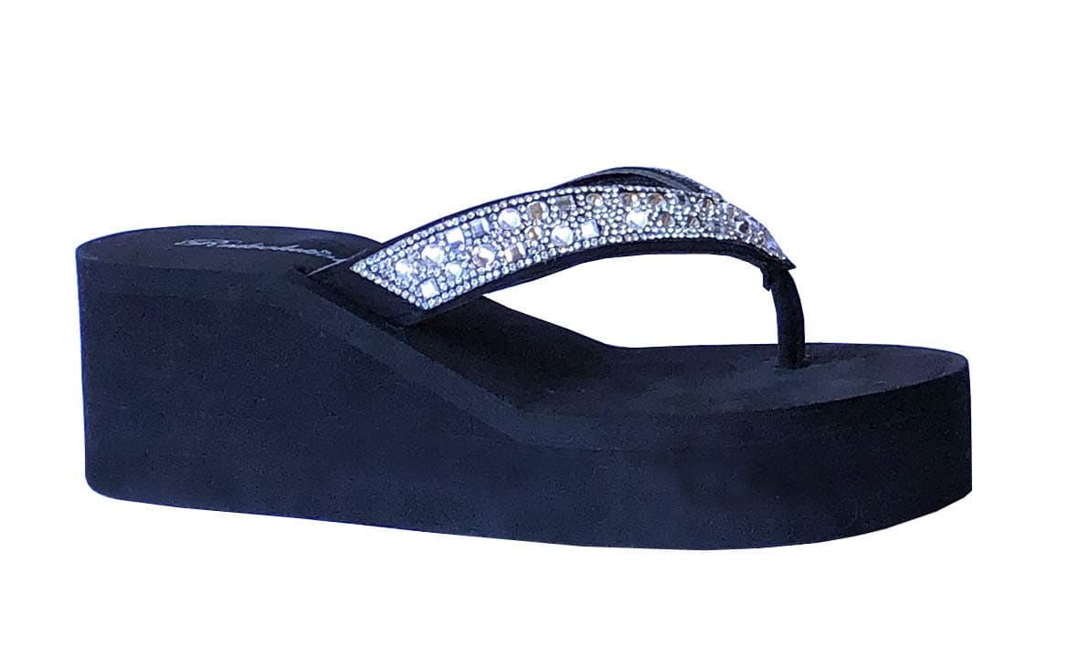 REDVOLUTIONREDVOLUTION New Women's Rhinestone Sandals High | Low Platform T-Strap Jewel Sandals High Wedge Flip Flops