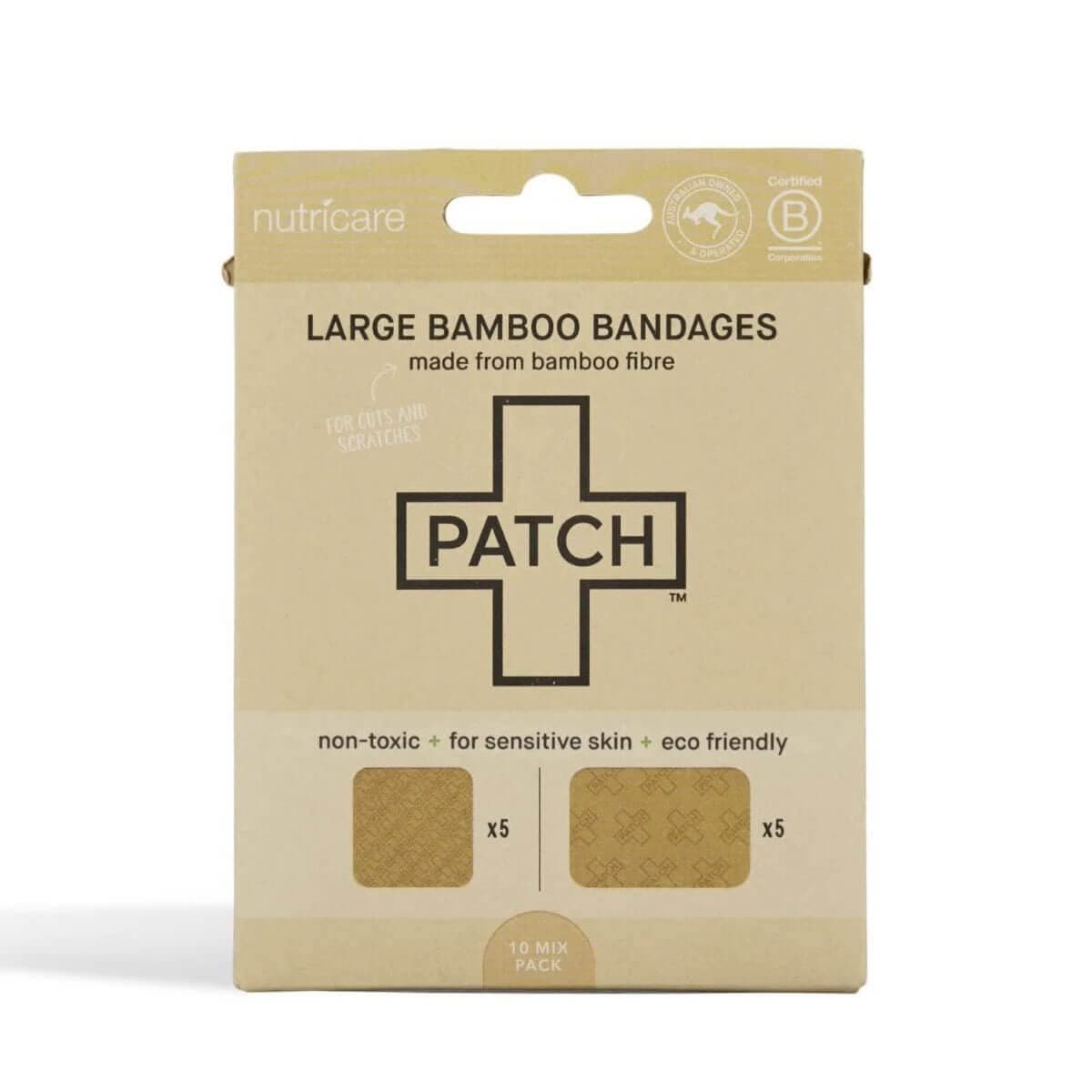 PATCH Large Sensitive Skin Bandages - Square and Rectangle Natural Bamboo Latex-Free, Compostable, Hypoallergenic Bandages for Sensitive Skin, Eco-Friendly, 5 Square, 5 Rectangle, 10ct