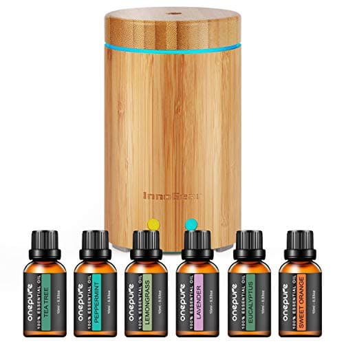 InnoGear Real Bamboo Essential Oil Diffuser with 6 Bottles 100% Pure Aromatherapy Essential Oils Ultrasonic Aroma Diffuser Set Cool Mist Humidifier Gift Set for Bedroom Home Office
