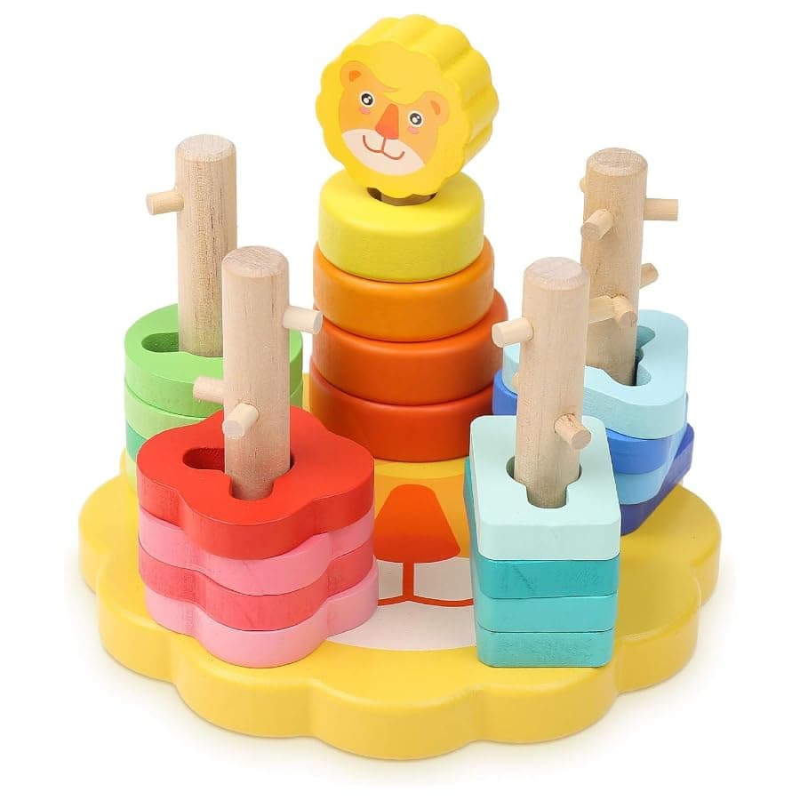Boxiki kids Wooden Educational Geometric Stack and Sort Board Shape and Color Recognition Toy. Birthday gifts toy for Kids (Lion)