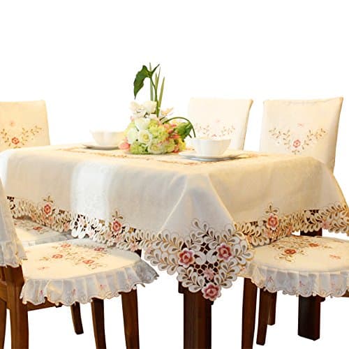 Damask pink flower embroidered cream floral tablecloth rectangular 130cm x 175cm 51 x 68 inch approx