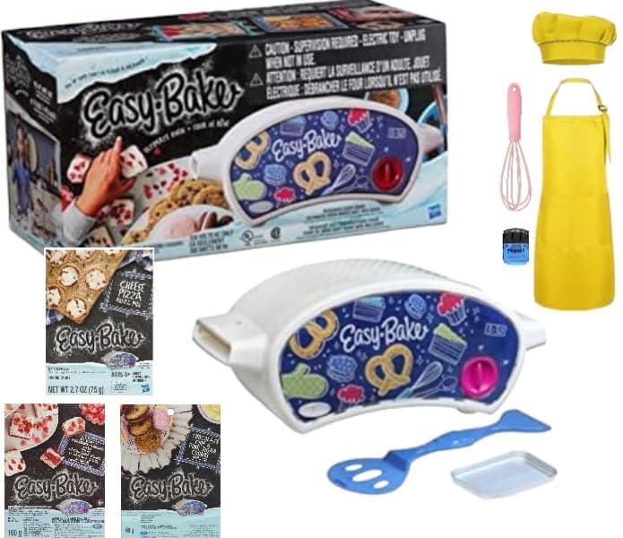Easy Bake Oven Bundle for Kids 8+Years - Oven,(Cheese Pizza,Red Velvet Cakes & Cookie Mixes) Kids Apron,Chefs Hat & Mini Whisk(Colors Vary),TOYVOS Clip