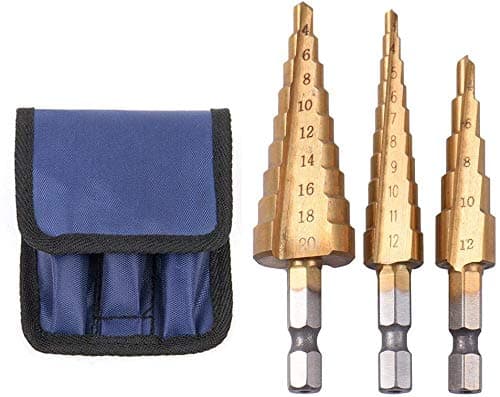 HSS Titanium Step Drill Bit Set, High-Speed Steel Cone Drill Bits, Multiple Hole Cutting, Double Cutting Blades, 25mm Hex Shank Drive Kit for Woodworking