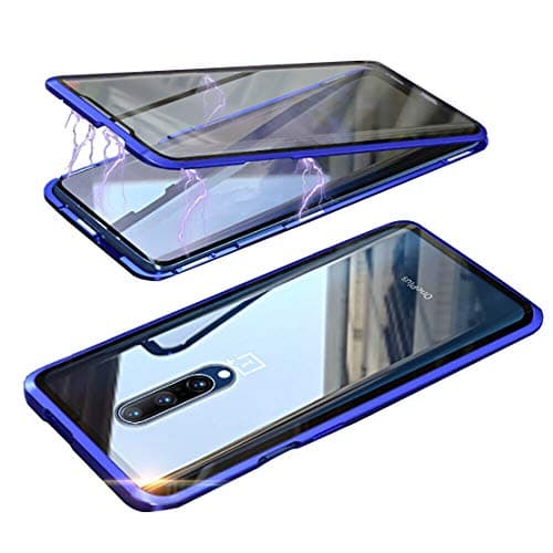 LANYOS Compatible OnePlus 7 Pro Case, Full Body with Built-in Screen Protector Magnetic Clear Double-Sided Tempered Glass Cover with a Screen Cleaning Paper (Blue)