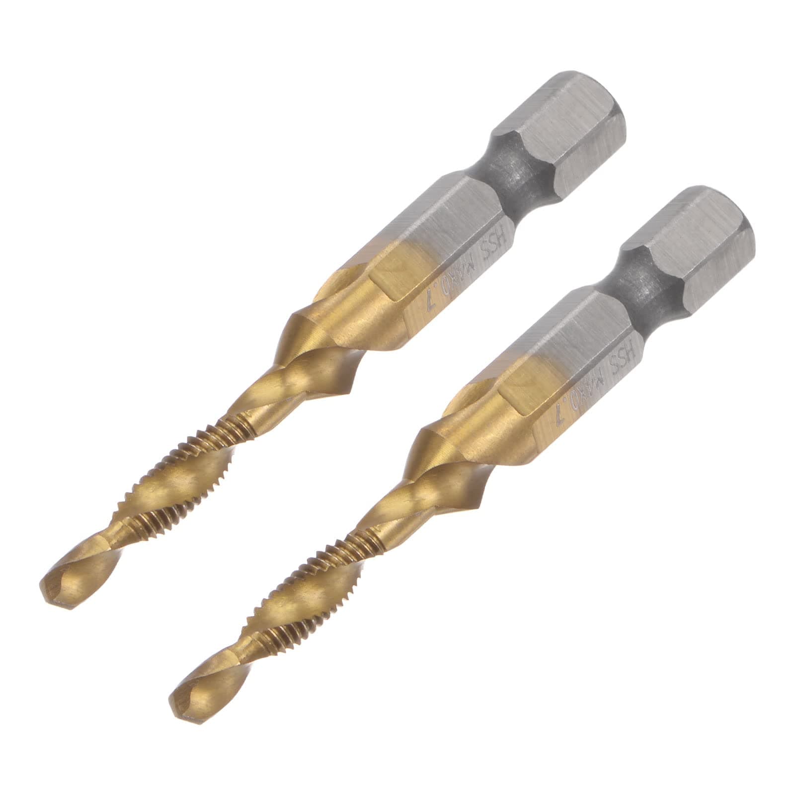 uxcell Combination Drill and Tap Bit, 1/4" Hex Shank M4 x 0.7 Metric Titanium Coated High Speed Steel 4341 Spiral Flute Drilling Tapping Tool 2pcs