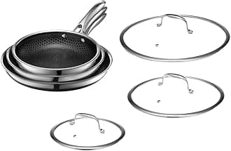 HexClad Hybrid Nonstick 6-Piece Fry Pan Set, 8, 10, and 12-Inch Frying Pans with Tempered Glass Lids, Stay-Cool Handles, Dishwasher-Friendly, Induction Ready, Compatible with All Cooktops