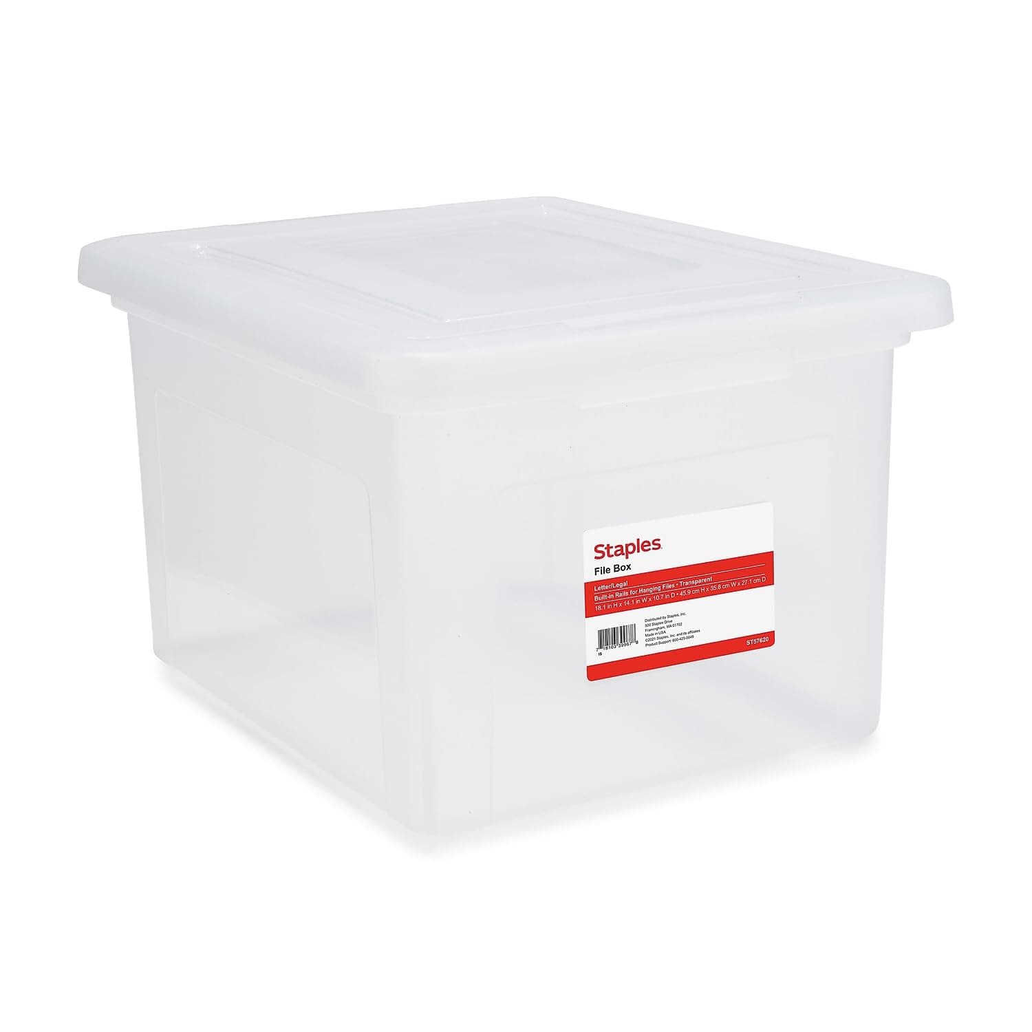 STAPLES Hanging File Folder Box, Storage Bin Organizer, Snap Lid, Letter & Legal Size Documents, Clear