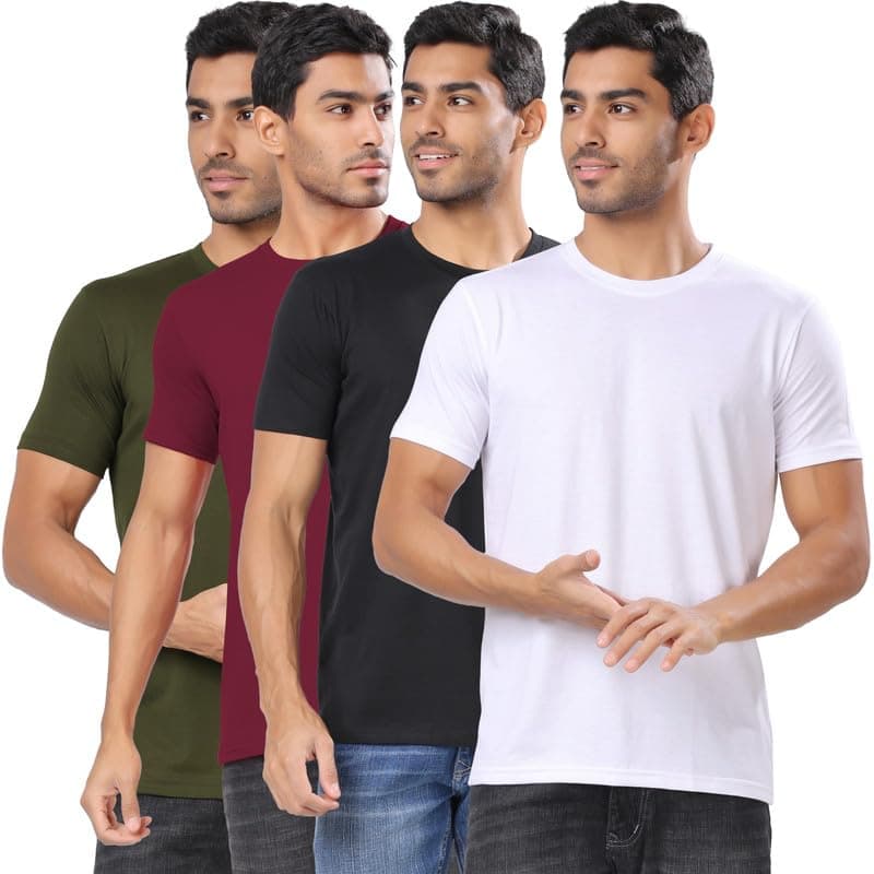 Men's Cotton Blend Regular Fit Solid Round Neck Half Sleeve T-Shirts - Pack of 4
