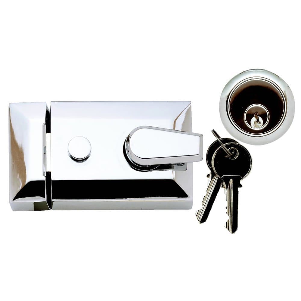 Yale Type 60mm Deadlocking Night Latch Polished Chrome Cylinder + 2 Keys