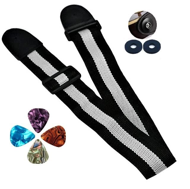 Black Gray Nylon Guitar Strap + Guitar Picks & Strap Locks.