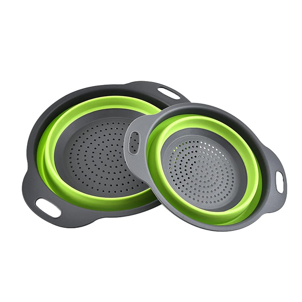 Collapsible Colander, 2 Foldable Kits Basket Collapsible Colander Set Round Silicone Kitchen Strainer Set for Draining Pasta Vegetable Fruit (Green)