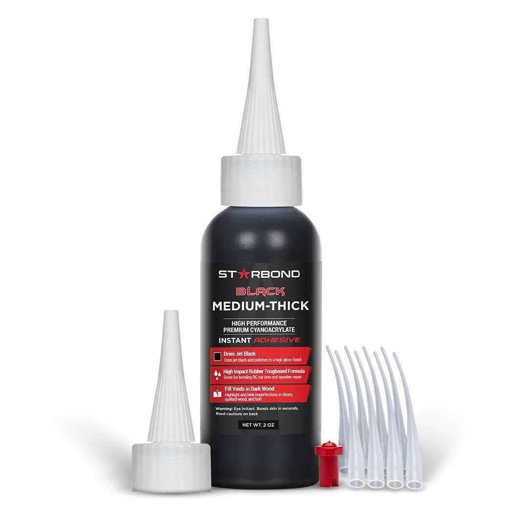 Black Medium-Thick CA Glue Pro Kit (2 oz) – Rubber-Toughened, Impact-Resistant Cyanoacrylate Super Glue – for Durable Knot Filling, Crack Repair, Woodworking, Guitar, Hobby & RC Projects