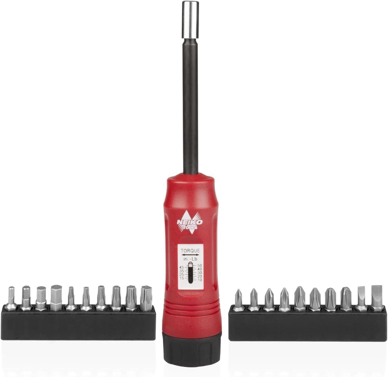 NEIKO 10573B 1/4” Torque Screwdriver Set, 20 Hex Bits, 10 to 50 in-Lbs, Long Shank Screwdriver Torque Wrench, Adjustable Inch-Pound Torque Screwdriver for HVAC and Gunsmiths