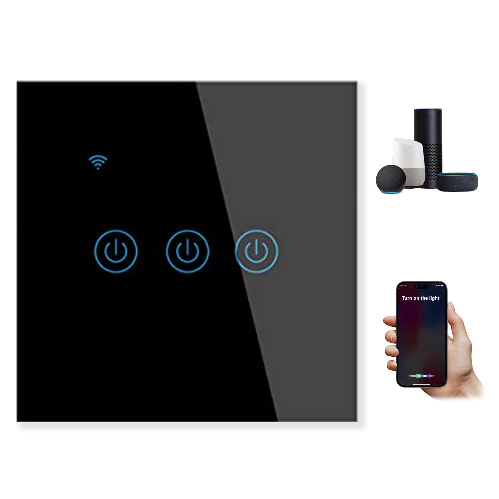 Makayuron WiFi Smart Wall Light Switch,Touch Switches, No Neutral Wire Required, Compatible with Alexa, APP Remote Control Touch Switch, Voice Control, No Hub Required (Black 3 Gang)