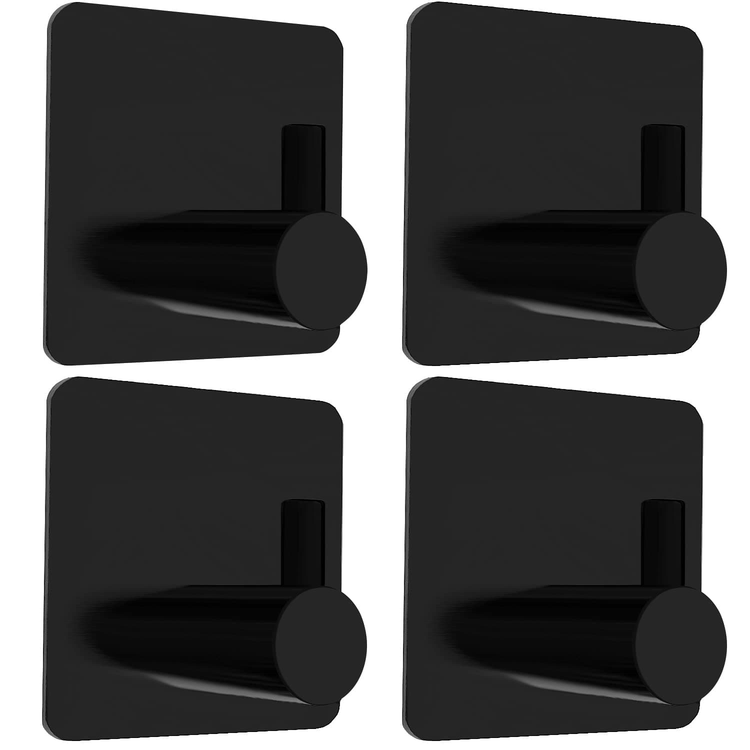 Black Adhesive Hooks, 4 Pack Wall Hooks Heavy Duty, Waterproof Sticky Hooks for Hanging Towel, Key, Coat, Hat, Robe, Clothes, Towel Hook for Bathroom Kitchen Wall Mounted (Black)