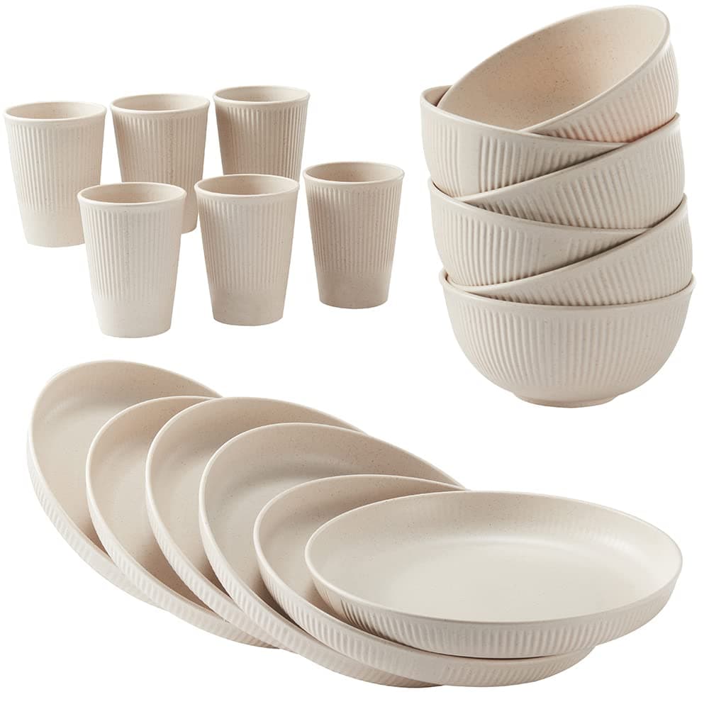 18pcs Wheat Straw Dinnerware Sets Unbreakable Reusable Dinnerware Set Kitchen Cups Plates and Bowls Sets Dishwasher Microwave Safe Plates