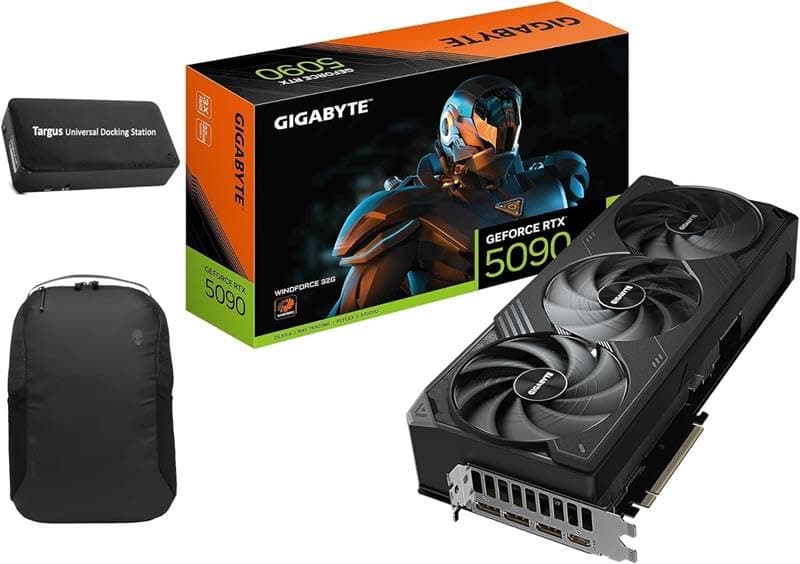GeForce RTX 5090 WINDFORCE OC 32G Graphics Card, WINDFORCE Cooling System, 32GB 512-bit GDDR7, GV-N5090WF3OC-32GD Video Card Bundle with Targus dockstation and Alinware Backpack