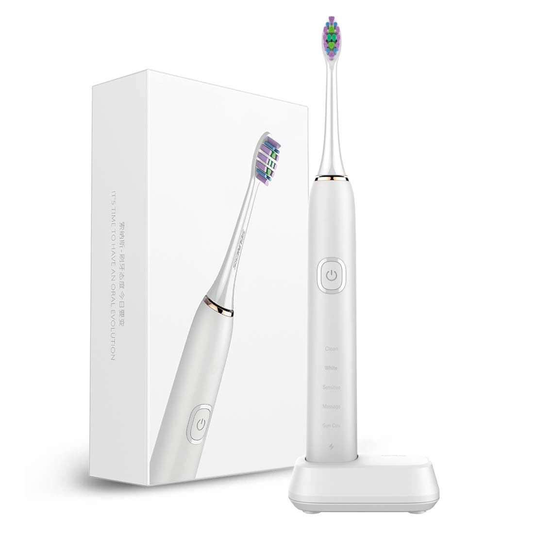 Electric Toothbrush - USB Rechargeable Sonic Toothbrush with Smart Timer - Deep Clean, 2 Replacement Heads, 5 Brushing Modes (Clean, White, Sensitive, Massage, Gum Care) for Home and Travel - White