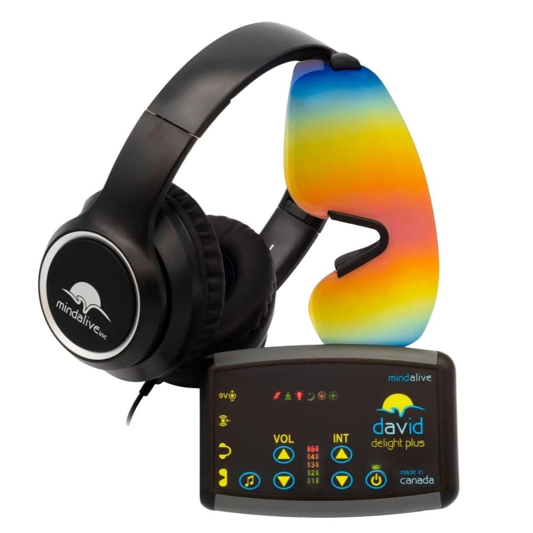 David Delight Plus with White Light LED Glasses - Best Light and Sound Mind Machine for Brain Training, Meditation, Relaxation, Sleep, Mood, Mental Clarity