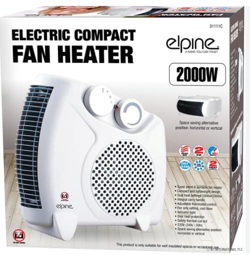 Alpine Electric Compact Fan Heater, 2000W, Adjustable Horizontal or Vertical Position