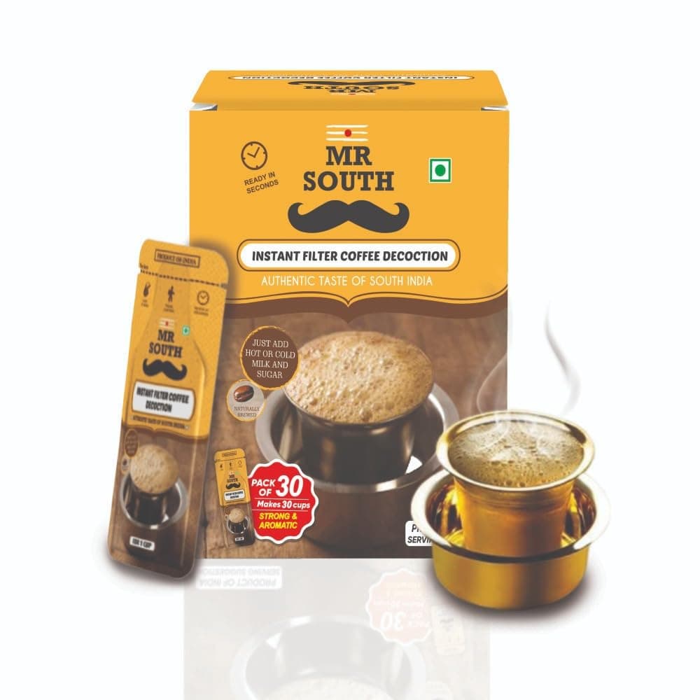 Mr South Quick Filter Decoction Liquid, Flavoured Instant Coffee | Pack Of 30 Sachet (20Ml Each) | 70% Coffee & 30% Chicory | Arabica & Robasta Beans | Delicious Coffee Anytime