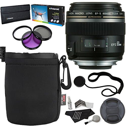 Canon EF-S 60mm f/2.8 Macro USM Fixed Lens for Canon SLR Cameras + Polaroid Optics 52mm 3 Piece Filter Set + Ritz Gear Small Neoprene Protective Lens Case + Polaroid Cleaning Kit + Accessory Bundle
