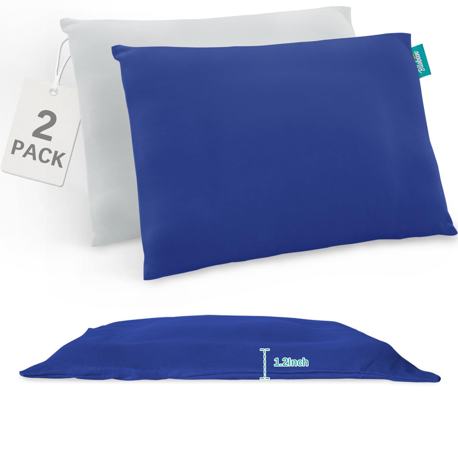 Thin Toddler Pillow 2 Pack with Pillowcase (13 x 18 x 1.2 Inches), Cotton Kid Pillow for Sleeping, Machine Washable Soft Travel Pillows, Toddler Use Only, Age 2 to 5 (Gray&Navy)OEKO-TEX STANDARD 100